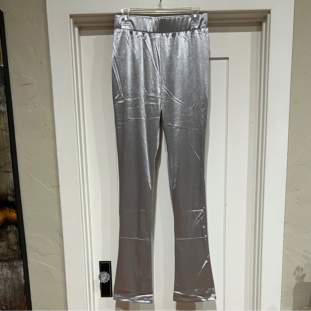 Silver Satin Pants Leggings. High-Waisted . Size L. New in bag.